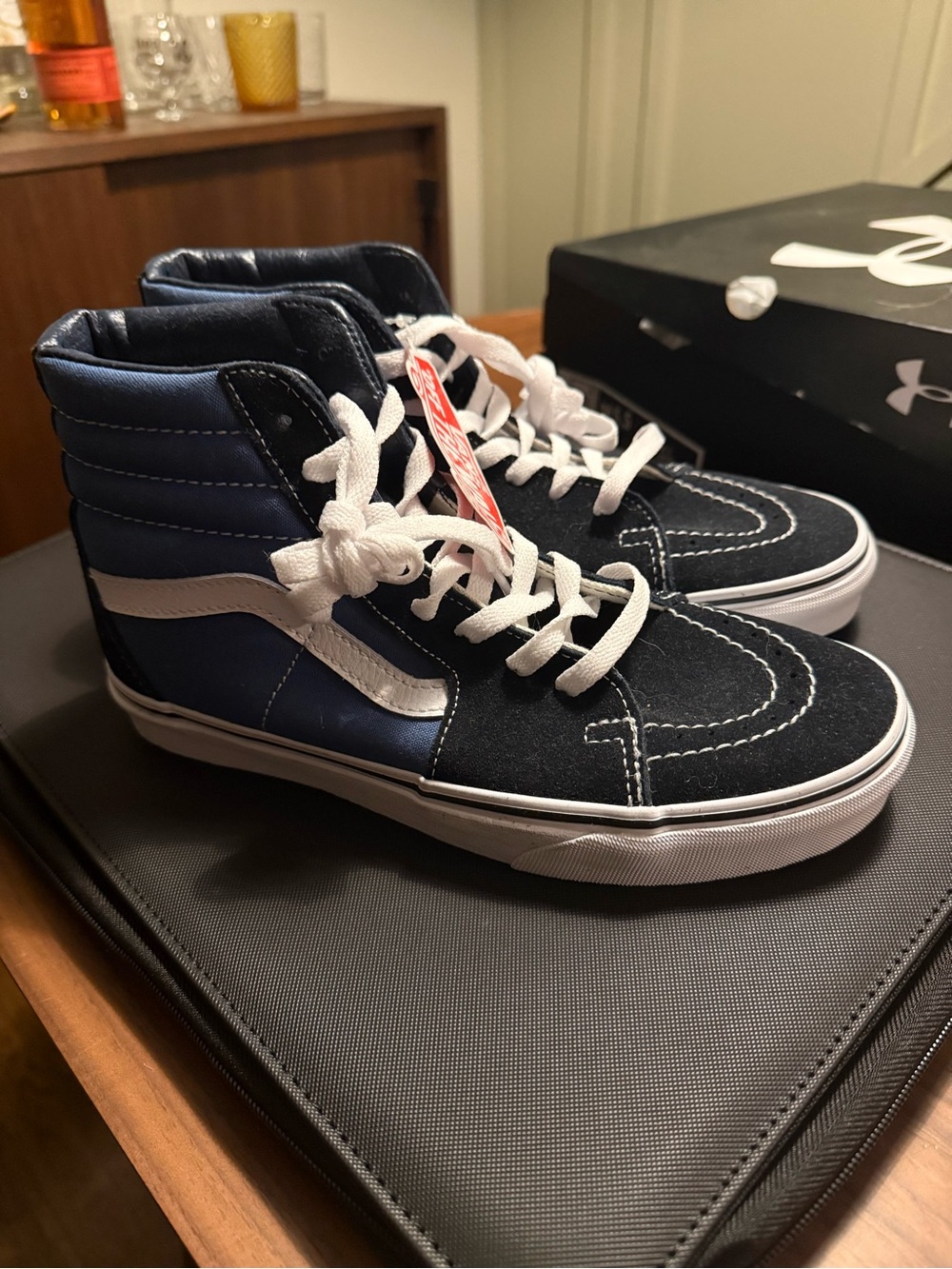 Vans Kids High Top Sneakers in Navy and Black with White Stripe